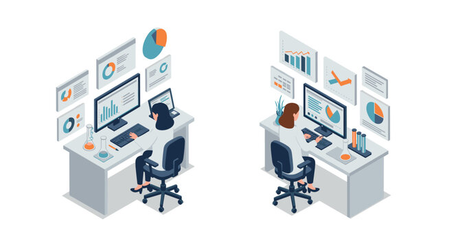 Isometric office setup with employees analyzing business data on multiple scr…