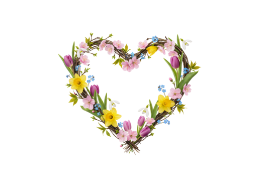 Natural branch wreath decorated with spring flowers, tulips, daffodils, cherry blossoms, and delicate white snowdrop blooms intertwined, isolated on a transparent background