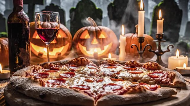 Pizza pumpkins wine and candles set against a graveyard background for spooky celebrations