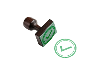Wooden rubber stamp showing green checkmark approval symbol with printed circular stamp impression, isolated on a transparent background