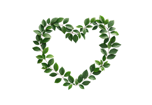 Heart shaped wreath formed from natural green botanical leaves on delicate brown branches, isolated on a transparent background