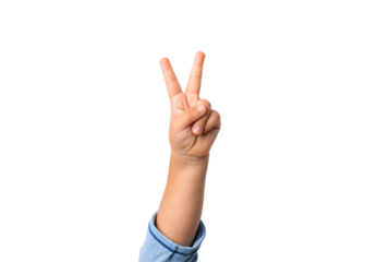 Hand showing victory or peace sign with two fingers, isolated on a transparent background