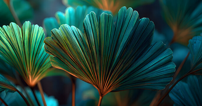 Majestic tropical nature closeup artistic palm leaves deep green abstract blur view exotic garden park lush foliage soft sunlight beautiful macro art modern background pattern texture wallpaper design