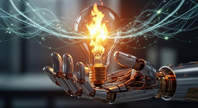 Robotic hand holding a glowing lightbulb with flames and energy streams symbolizing innovation and intelligence