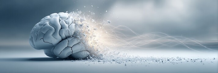 A cracked brain model emits glowing energy, symbolizing mental strain or breakthrough. Innovation, stress, or the fragility of the human mind.
