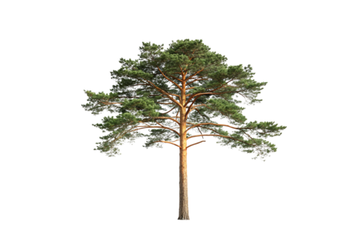 Mature pine tree featuring expansive crown with multiple branching tiers and straight central trunk, isolated on a transparent background