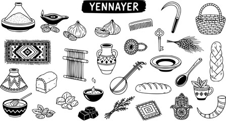 Yennayer Amazigh New Year Doodle Set: Traditional Berber Culture  Celebration Elements