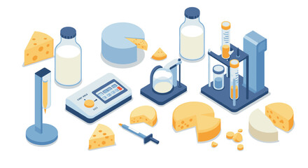 Isometric dairy laboratory equipment and cheese variety on white background