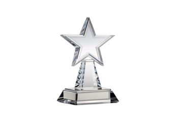 Crystal star trophy award with faceted prismatic pillar support on rectangular clear glass base platform, isolated on a transparent background
