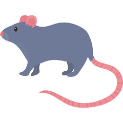 Gray Rat With Pink Ears And Tail Standing Isolated On White Background Flat Design Style