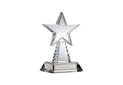 Crystal star trophy award with faceted prismatic pillar support on rectangular clear glass base platform, isolated on a transparent background