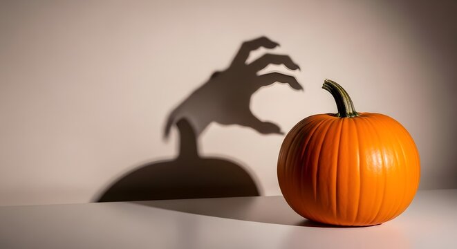 Spooky halloween pumpkin casts a creepy shadow of a reaching monster hand on a wall