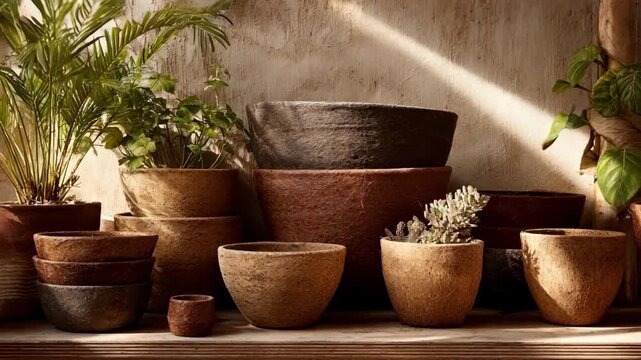 Ecoconscious medium shot featuring assorted biodegradable pots made from fiber coir and compost materials in natural light.
