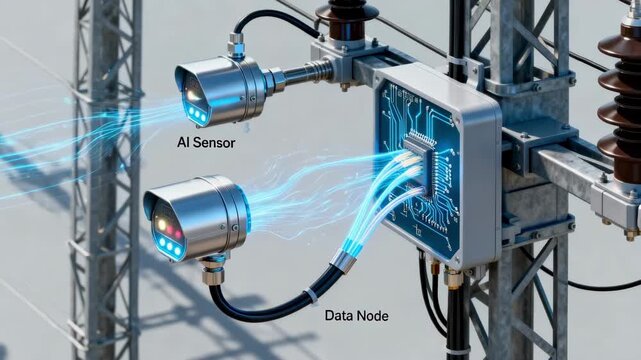 Closeup of AI sensors and data nodes on electrical grid infrastructure illustrating proactive fault diagnosis through continuous monitoring.