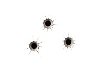 Three bullet holes scattered across surface with radiating fracture lines and dark central openings, isolated on a transparent background