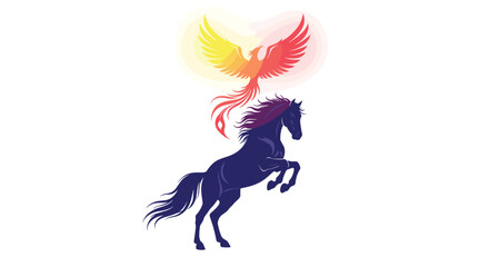 Majestic Dark Horse Rearing Up With Fiery Phoenix Rising Above, Generative AI.