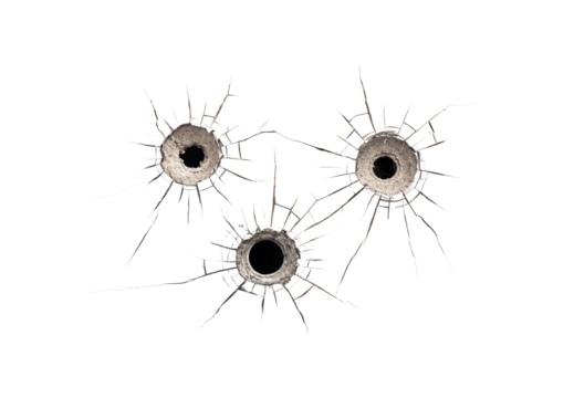 Three bullet impacts with radiating cracks and dark penetration holes arranged in scattered formation, isolated on a transparent background