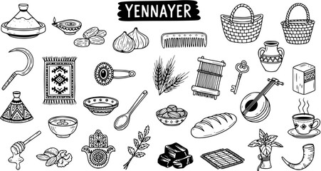 Yennayer Amazigh New Year traditional cultural items, hand-drawn sketch collection of Berber symbols, food, and craft elements.
