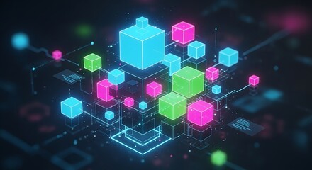 Abstract digital data cubes connected by lines, futuristic network concept.