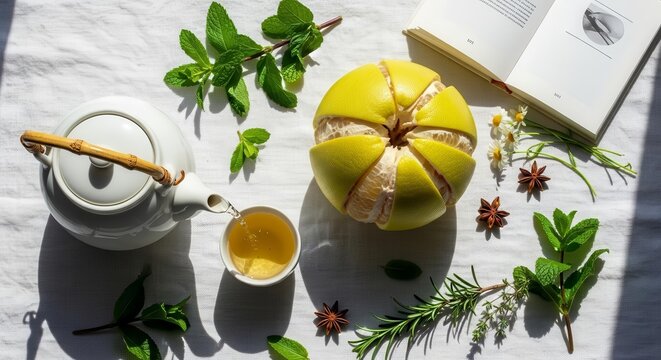 Aromatic Tea Pouring, Fresh Pomelo, Herbs and Blooms, A Gourmet Culinary Still Life