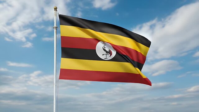 Uganda flag waving proudly against a bright blue sky, a symbol of national pride and unity for East African nation