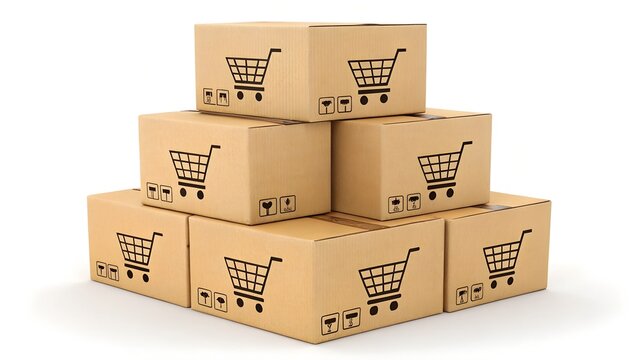  stack of several light brown cardboard shipping boxes, each prominently featuring a black shopping cart icon on its side. The boxes are arranged in a py