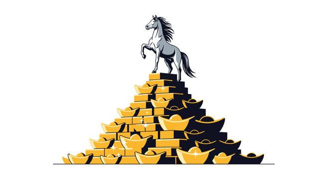 Majestic Horse Standing Proudly Atop a Mountain of Gold Ingots, Generative AI.
