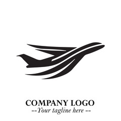 Plane Flying Fast Logo Symbol in Black on the White Background with Dynamic Aviation Design