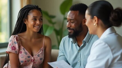 Joyful couple discussing financial plans with advisor while sitting on sofa indoors - Powered by Adobe