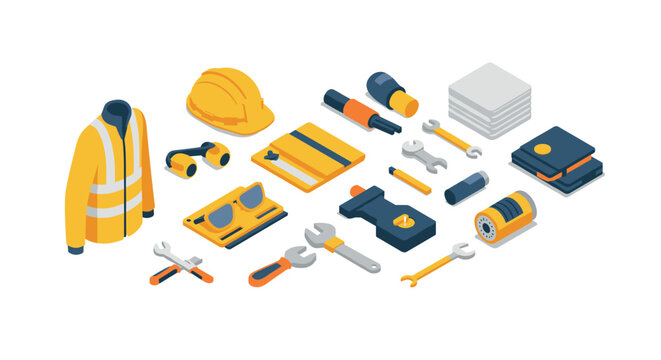 Isometric safety gear and tools set for construction and maintenance projects