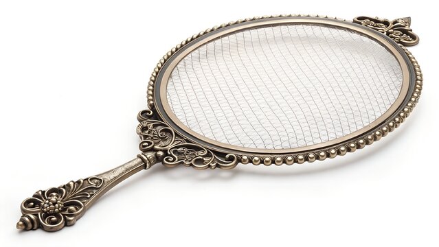 A vintage or antique silver-plated hand mirror with an ornate, highly decorative handle and frame. The mirror itself appears to be missing or replaced with a fine mesh, h