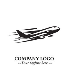 Plane Flying Fast Logo Symbol in Black on the White Background with Dynamic Aviation Design