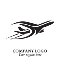 Plane Flying Fast Logo Symbol in Black on the White Background with Dynamic Aviation Design