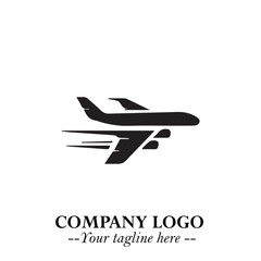 Plane Flying Fast Logo Symbol in Black on the White Background with Dynamic Aviation Design