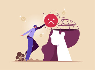 Relaxation to let anxiety and negative thought fly away, businesswoman takes out negative emotion face from an out the cage on head human, bring out sad and unhappy away