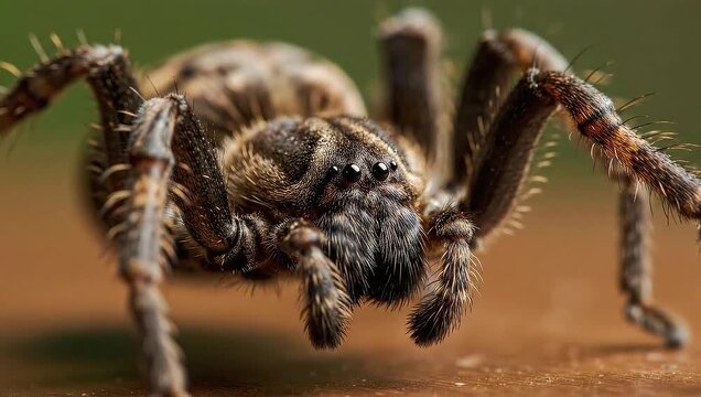 Close-up View of Wolf Spider Face with Hairy Legs and Multiple Eyes