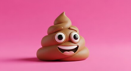 Funny cartoon poop emoji with big eyes and a wide smile against a vibrant pink background