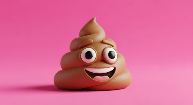 Funny cartoon poop emoji with big eyes and a wide smile against a vibrant pink background
