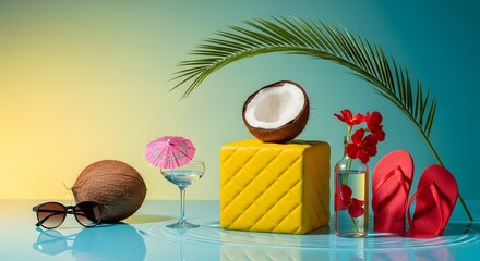 Tropical summer still life with coconut ice cream sunglasses palm frond and flip flops