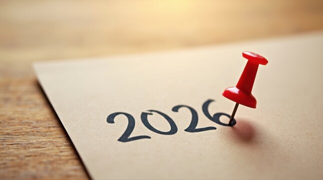 Escritorio de madera con una hoja de papel y una chincheta roja que marca el a&ntilde;o 2026, representando nuevos comienzos y metas futuras