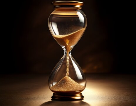 hourglass with golden sand slowly flowing dark background with soft spotlight symbolic of passing time