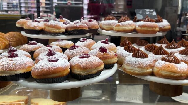Sufganiyah - Hanukkah doughnuts on display at a coffee shop.  Israeli holiday doughnuts.