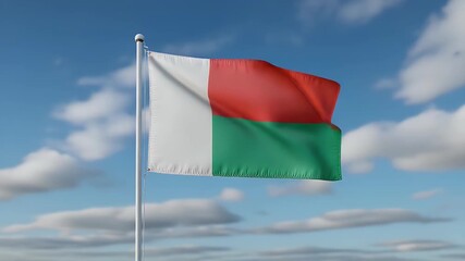 Madagascar flag waving proudly against a bright blue sky showcasing national pride and patriotic spirit in dynamic motion
