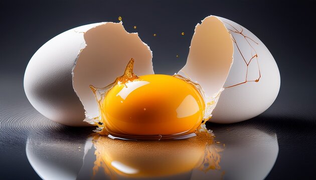 broken egg cracked shell yellow yolk white splash raw food