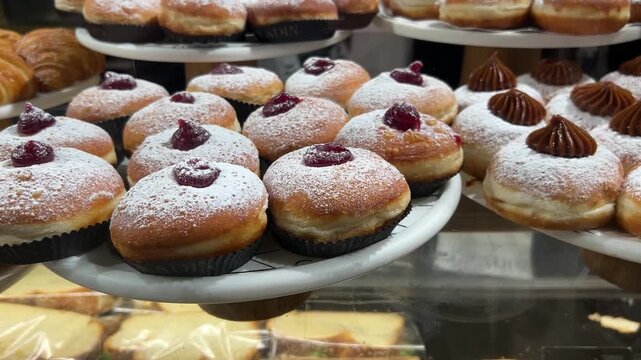 Sufganiyah - Hanukkah doughnuts on display at a coffee shop.  Israeli holiday doughnuts.