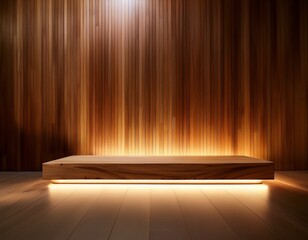modern illuminated product display platform with wood backdrop warm glow