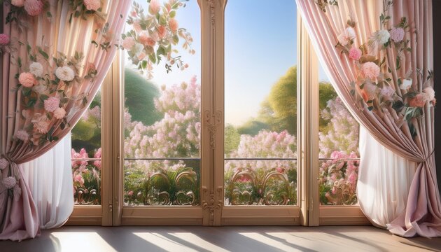 elegant floral patterned curtains in pastel colors framing a vintage style window warm and inviting atmosphere