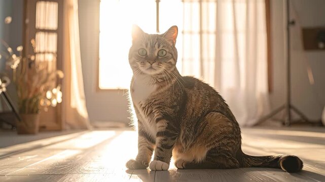 Adorable tabby cat sitting gracefully on a sunlit wooden floor, enjoying the warm glow of the morning sun through the window.