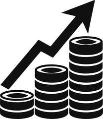Stack of coins turning into upward arrow – profit growth vector. silhouette vector icon , black and white , white background