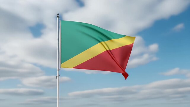 Dynamic Congo flag waving proudly in the breeze against a vibrant blue sky with fluffy clouds for national pride and patriotic themes